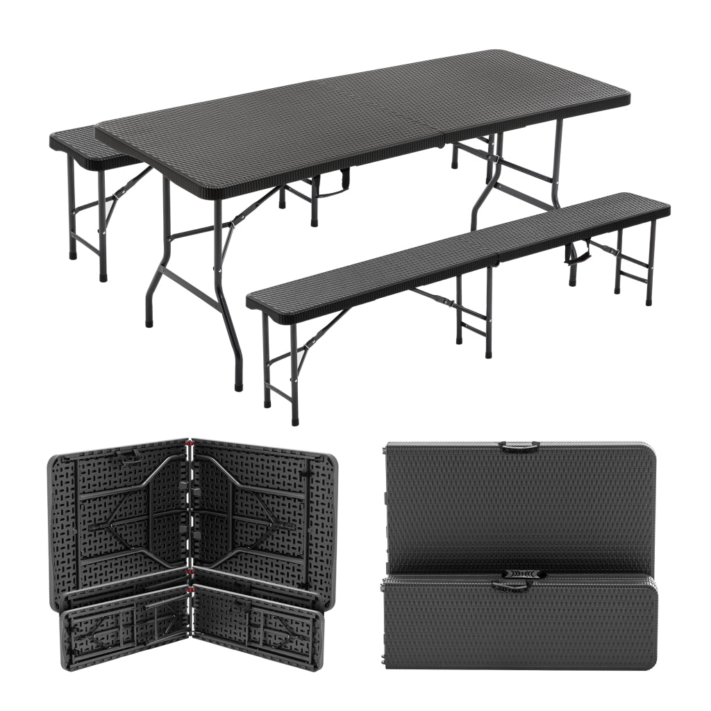 Set Tavolo Picnic Pieghevole con 2 Panche ¨C MINIMAL ¨C 3 Pezzi, HDPE, Nero, 182cm