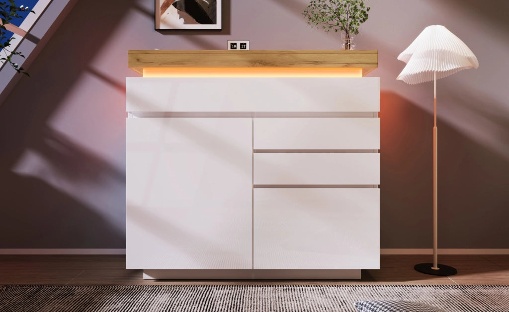 Sideboard bianco lucido con 2 ante, 3 cassetti e illuminazione LED controllabile via app, 115x110x39 cm