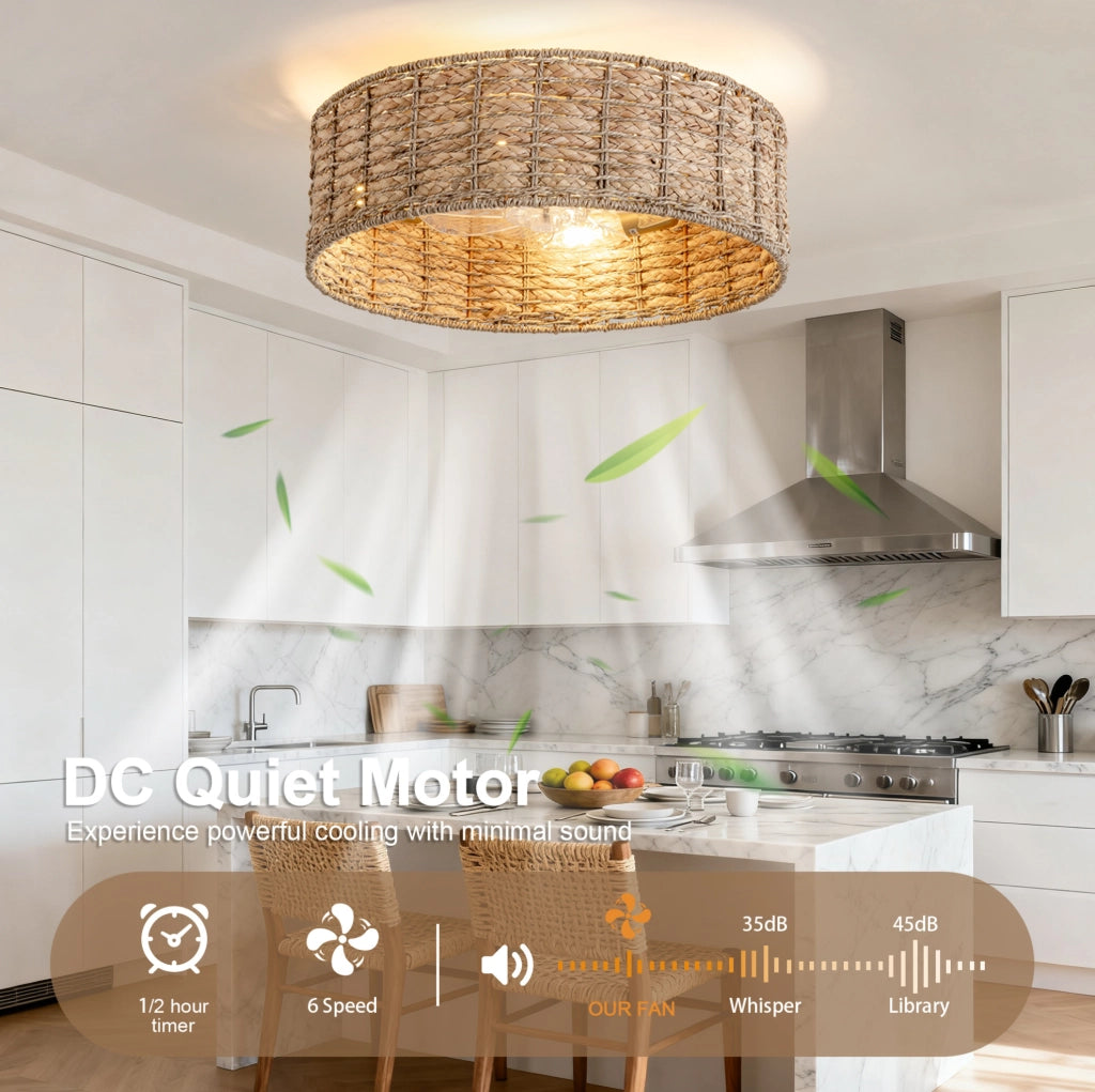 Ventilatore da soffitto 19 pollici in rattan naturale con luce, controllo doppio tramite app e telecomando, 6 velocità reversibili, pale in ABS silenziose