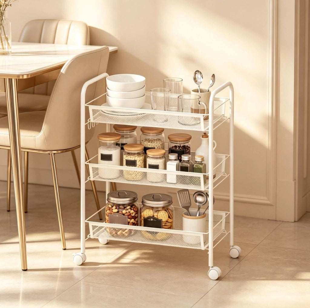 Carrello portavivande ULEVR a 3 livelli con cestelli, 4 ruote bloccabili e ganci, acciaio bianco 45x26,5x63 cm