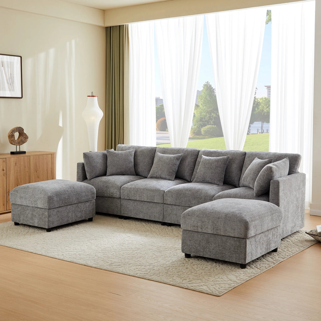 Divano modulare 4 posti con 2 pouf e braccioli regolabili in chenille grigio 284 × 156,5 × 86 cm con 6 cuscini