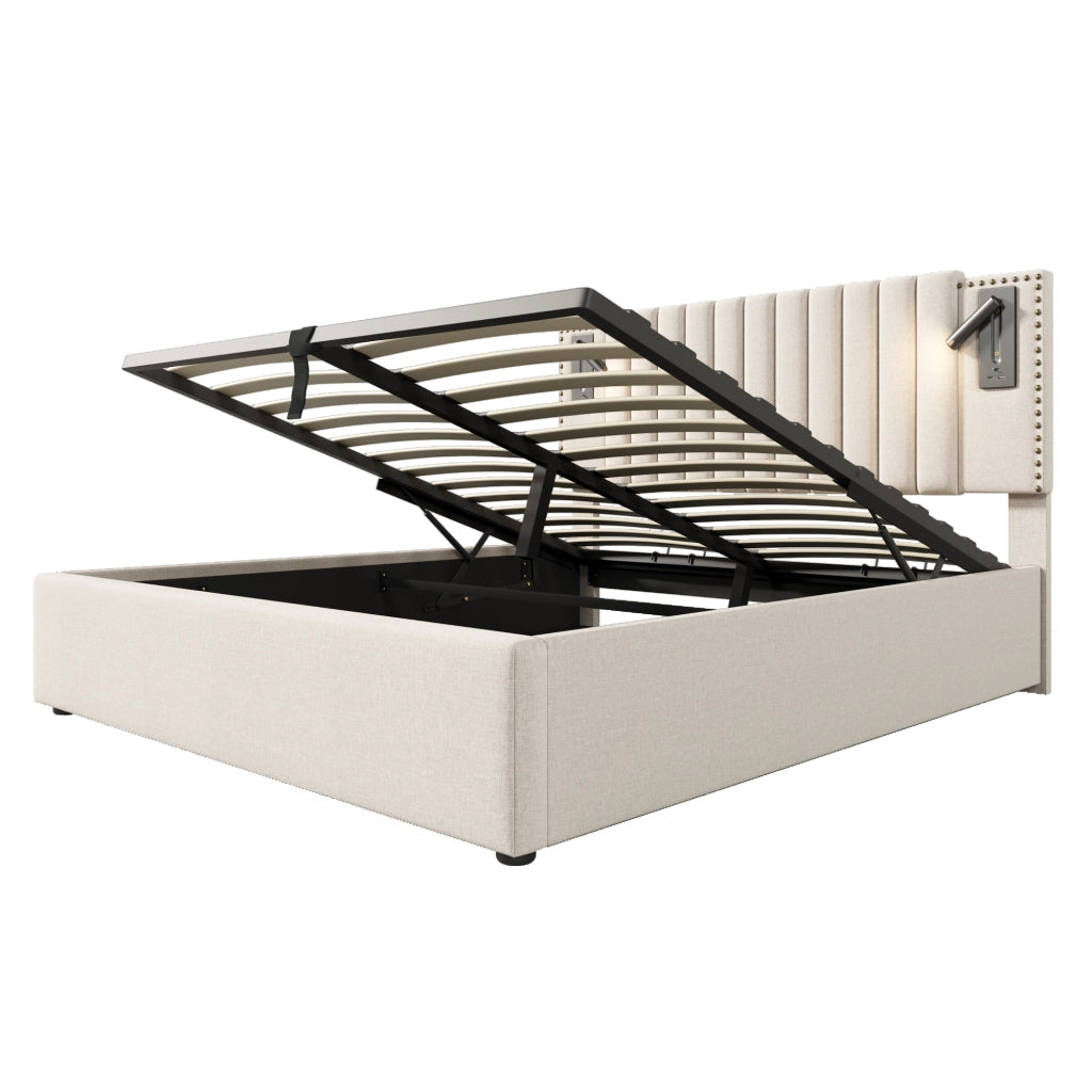 Letto contenitore 140x200 beige con testiera regolabile