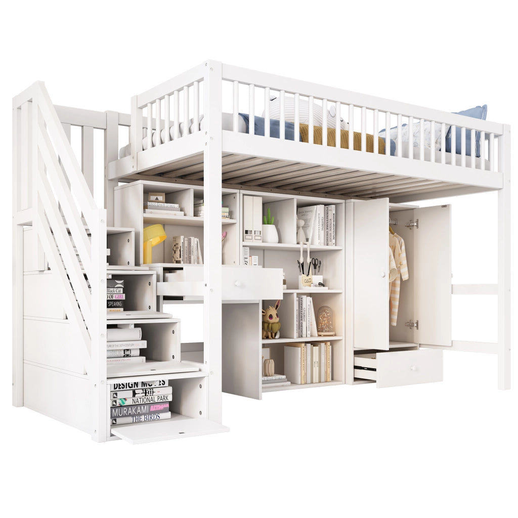 OKWISH Letto Bambino 90×200 cm, Letto Singolo con Scala Contenitore, Scrivania, Armadietti e Armadio, senza Materasso, Bianco