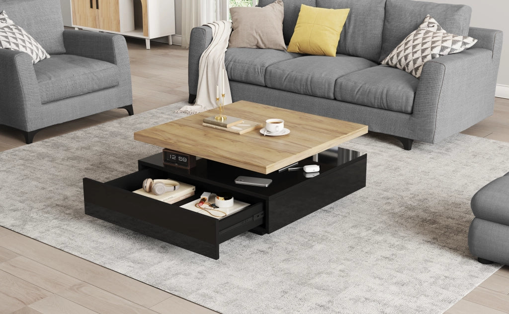 Tavolino da Salotto Quadrato con Piano Girevole a 360 Gradi Noce e Nero 70x70x36 cm