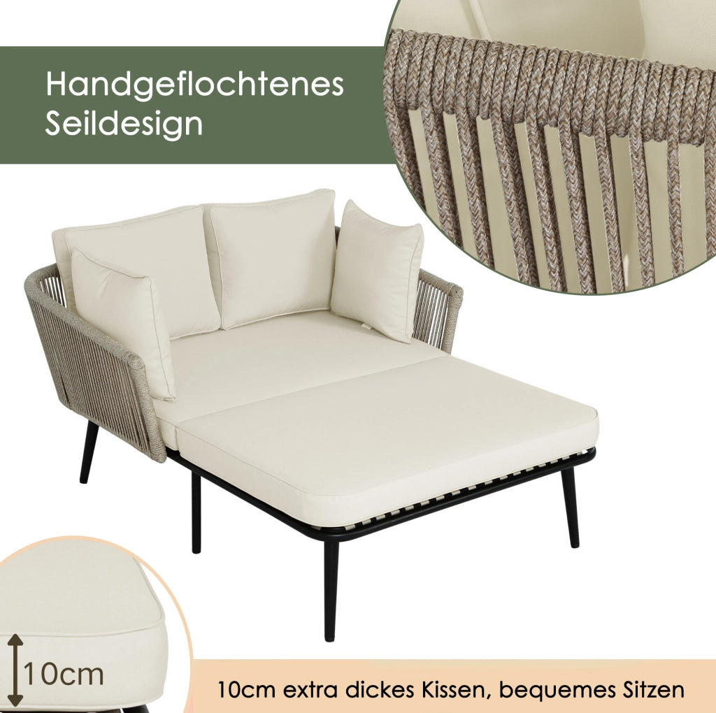 Divano da giardino con 2 cuscini e struttura in acciaio, tessuto beige e corda kaki, per esterni, balcone e terrazza