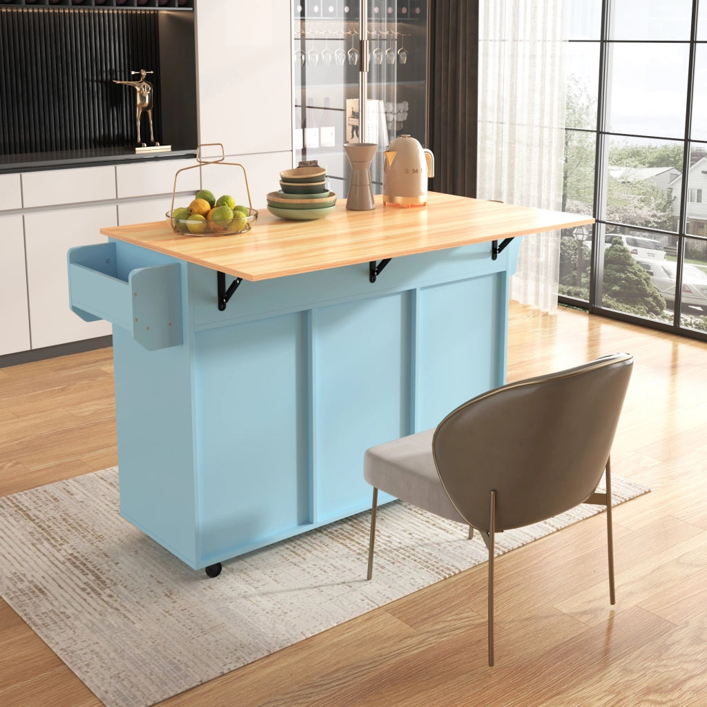 Carrello da cucina con piano pieghevole; 3 cassetti e ripiani regolabili; MDF blu 139 × 46(71) × 91.5 cm