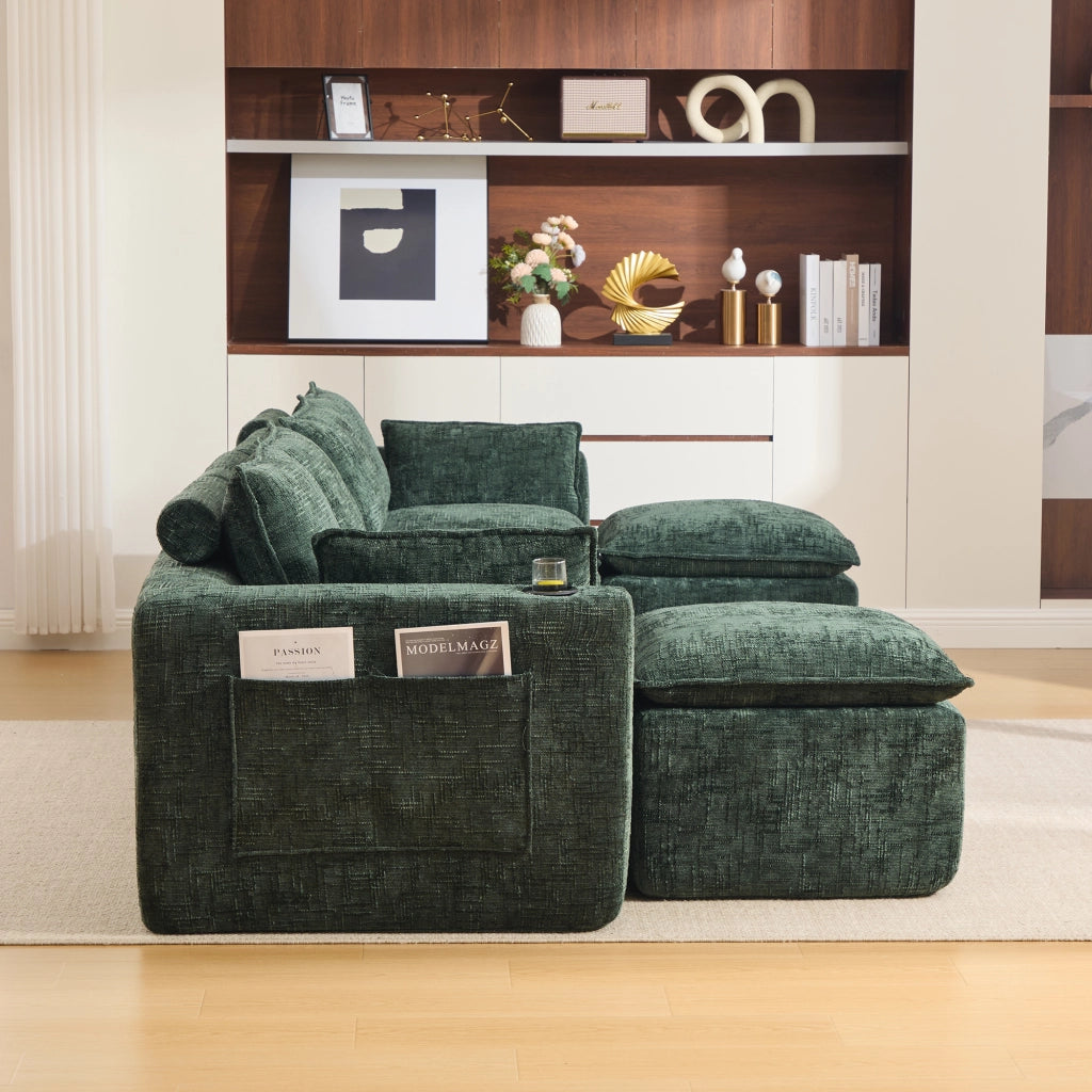 Divano modulare 322x161x75 cm combinabile con tasche laterali e cuscini in ciniglia verde