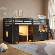 Letto a soppalco basso 90x200 cm con 7 cassetti e LED nero HOMVRA