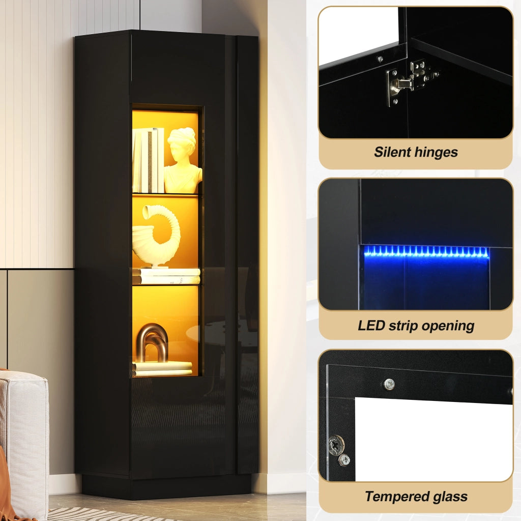 Vetrina LED con anta in acrilico, 5 vani e 2 ripiani in vetro, finitura lucida, per soggiorno, nero, 60 × 40 × 180 cm