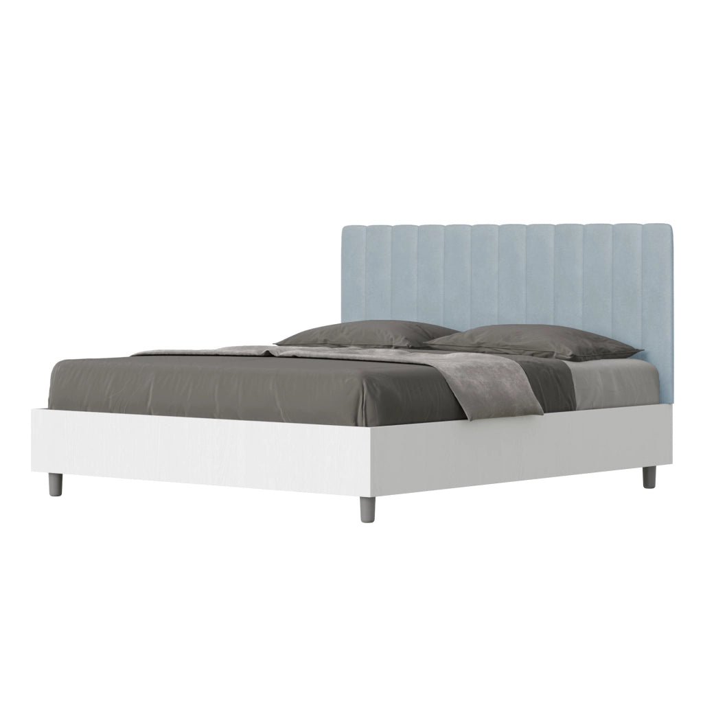 BS COM Letto matrimoniale con rete 160x190 bianco frassino testata microfibra azzurro
