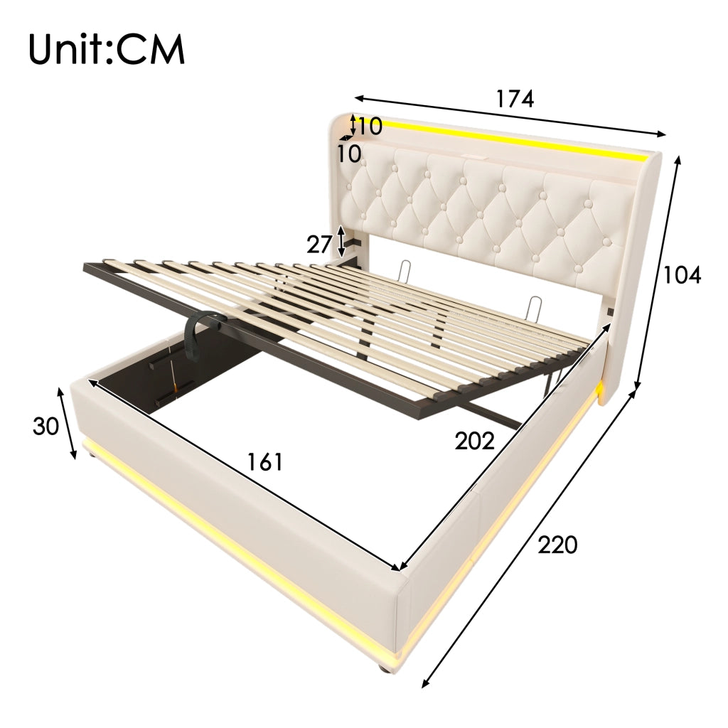Letto contenitore matrimoniale 160×200 cm con LED, USB Type-C e testiera imbottita, materasso incluso, bianco PU