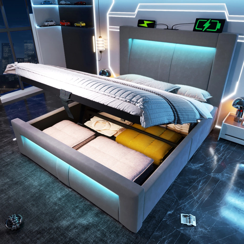 Letto singolo 90x200 cm in velluto grigio con contenitore, illuminazione LED smart e stazioni di ricarica USB e Type-C, senza materasso