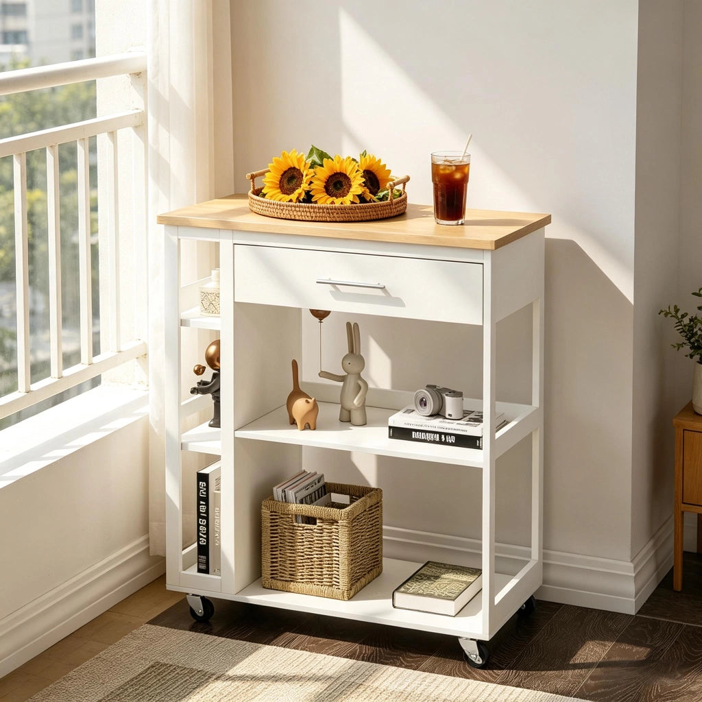Carrello da cucina con cassetto; ripiani aperti e 4 ruote con freno in MDF bianco effetto legno