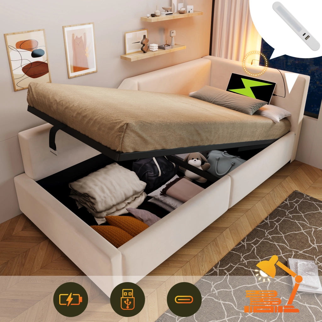 Letto divano contenitore 90x190 cm con apertura idraulica; luce di lettura e USB-C; beige