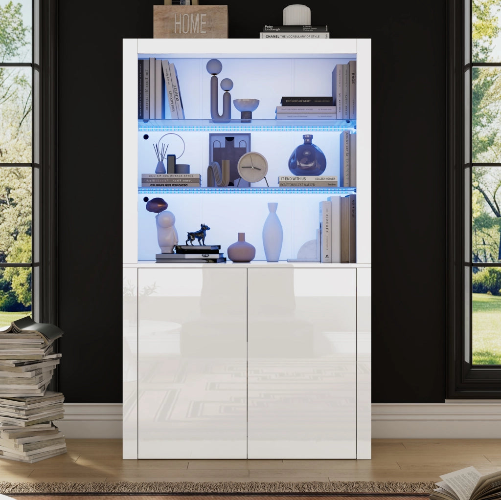Vetrina Moderna Bianca Lucida 100x35x170 cm con Ripiani in Vetro Temperato e Illuminazione LED