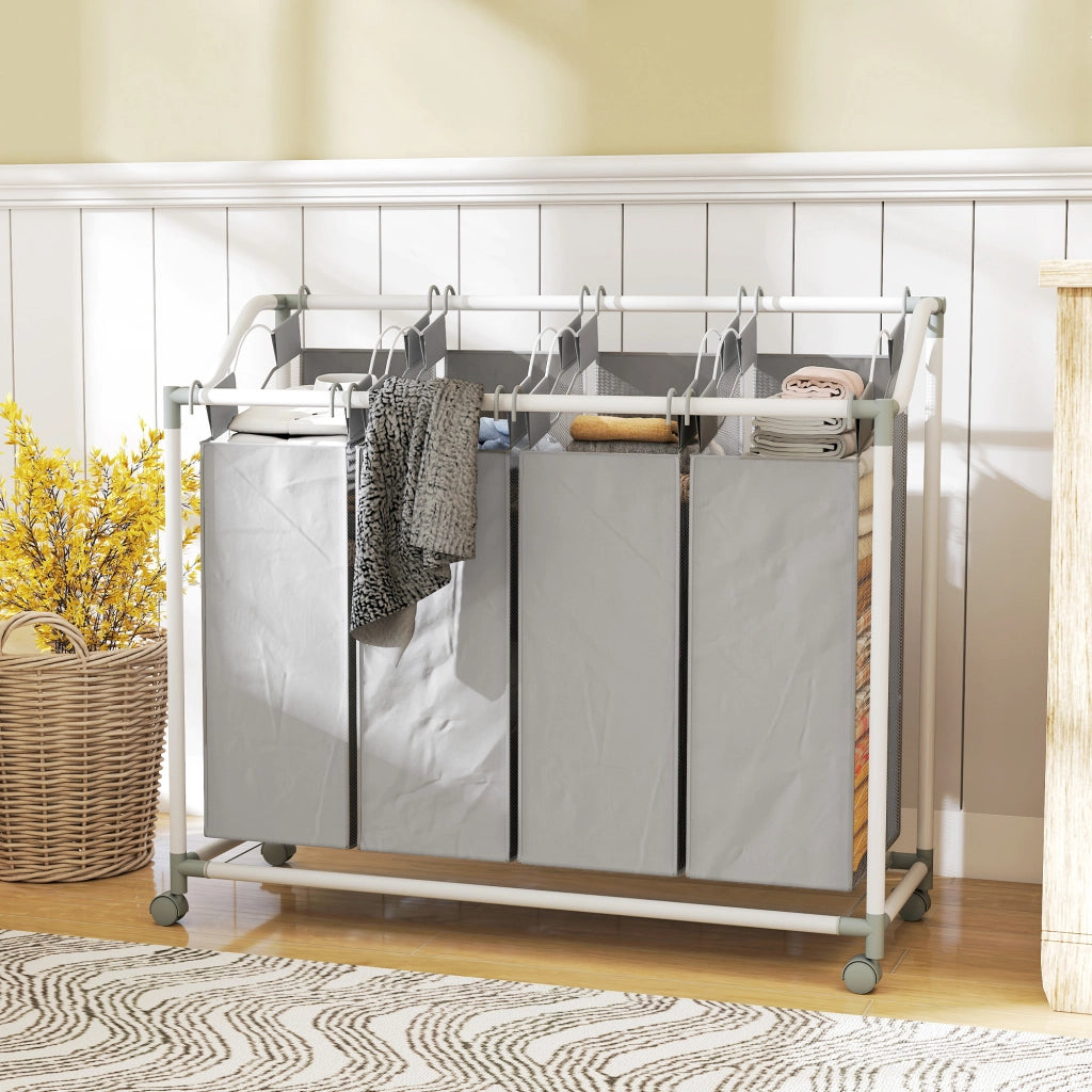 Cesto portabiancheria 4 scomparti 160L ¨C Xylo ¨C con ruote e sacchi rimovibili 97x38x81cm grigio