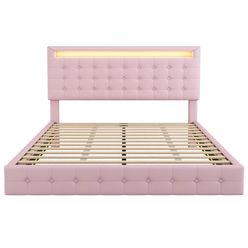 Letto Adulti 140×200 cm; Letto Matrimoniale con LED Regolabile e Testiera Regolabile; senza Materasso; PU; Rosa