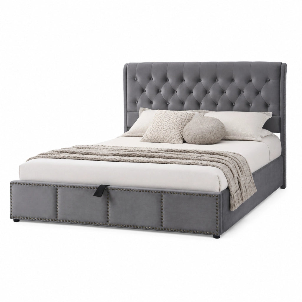 Letto contenitore 140x200 cm in velluto grigio con rete a doghe, senza materasso