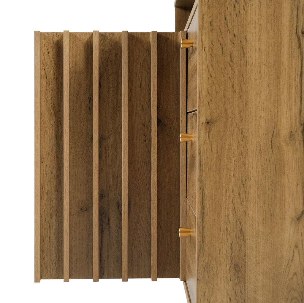 Credenza con 3 cassetti e 2 ante effetto rovere scuro, ripiano regolabile e vano a giorno