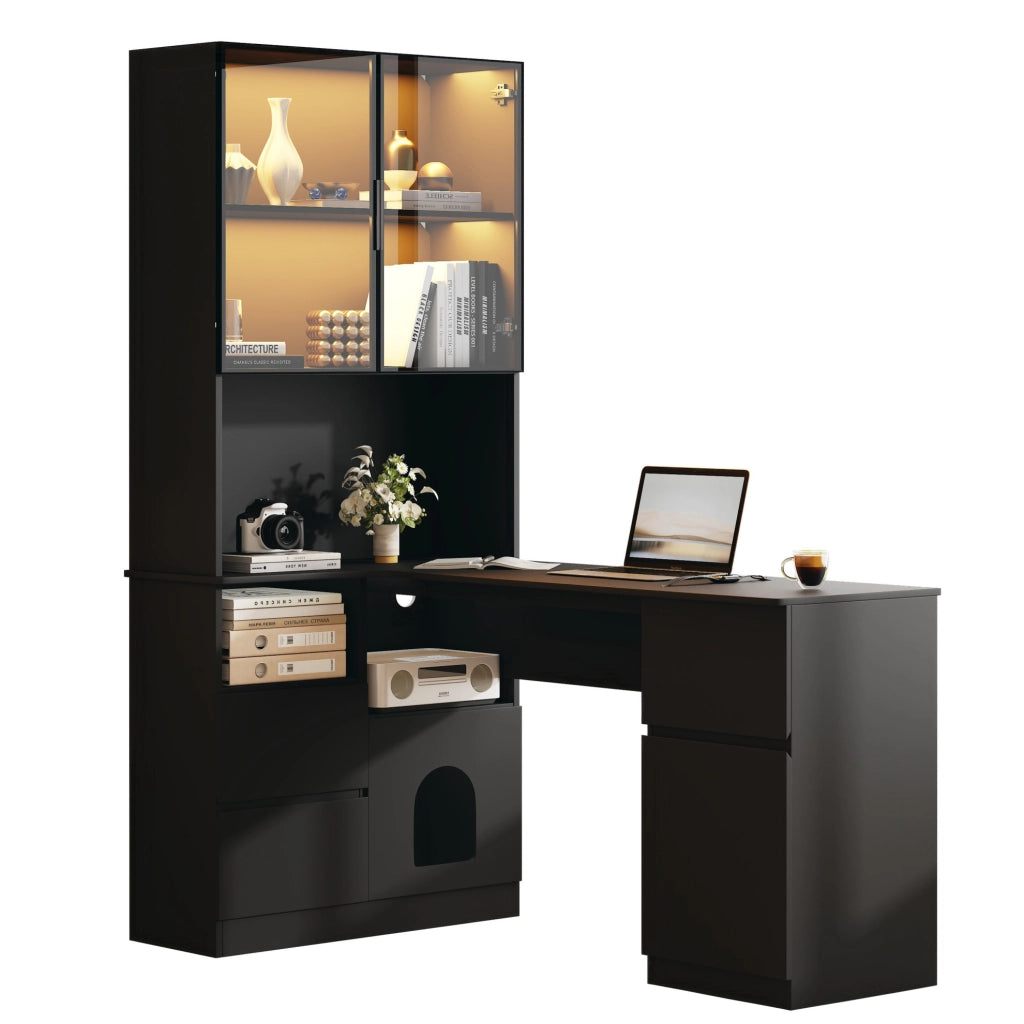 Scrivania angolare 120x80x180 cm con scaffale integrato, vetrina LED e vano per animali domestici, struttura in MDF e vetro grigio fumo