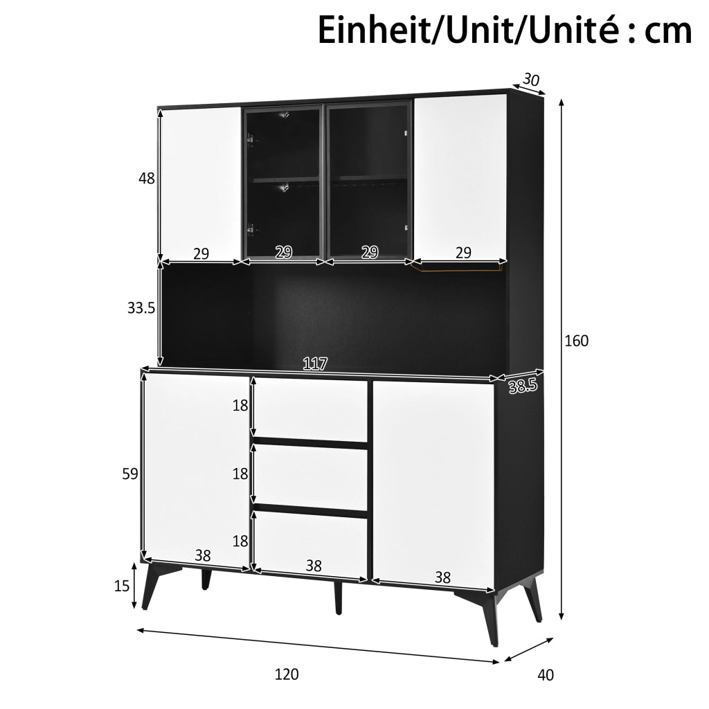 Credenza alta con vetrina LED regolabile tramite app; 6 ante; 3 cassetti; MDF nero e bianco 120 × 40 × 160 cm