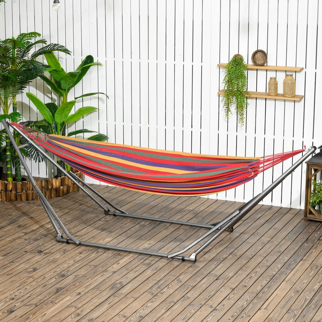 Supporto pieghevole 2 in 1 per amaca e appendiabiti, portata fino a 120 kg, dimensioni 290 x 92 x 88 cm, ideale per giardino e patio.