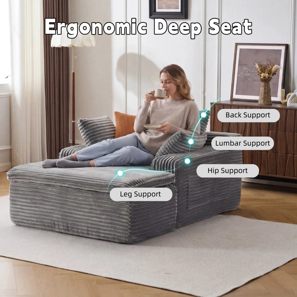 Divano letto senza schienale con chaise longue in tessuto vellutato grigio, 3 cuscini e coperta integrata, senza montaggio