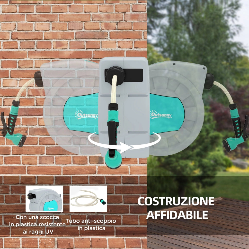 Avvolgitubo Automatico a Parete e Portatile Lunghezza 25+2 m con Sistema di Blocco e 7 Getti Grigio