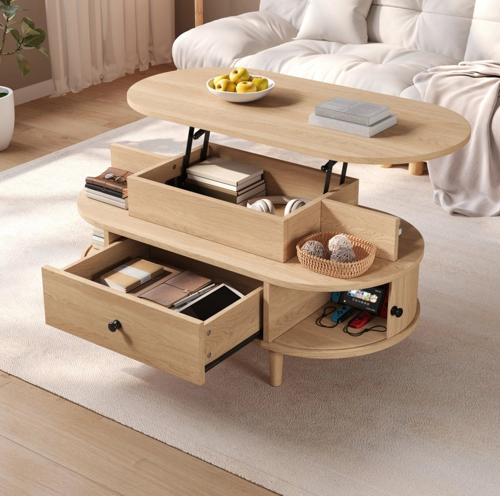 Tavolino da caff¨¨ ovale 105x50 cm con piano sollevabile in MDF naturale