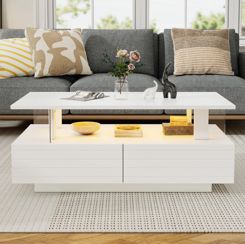 Tavolino da salotto LED bianco con contenitore e cassetti