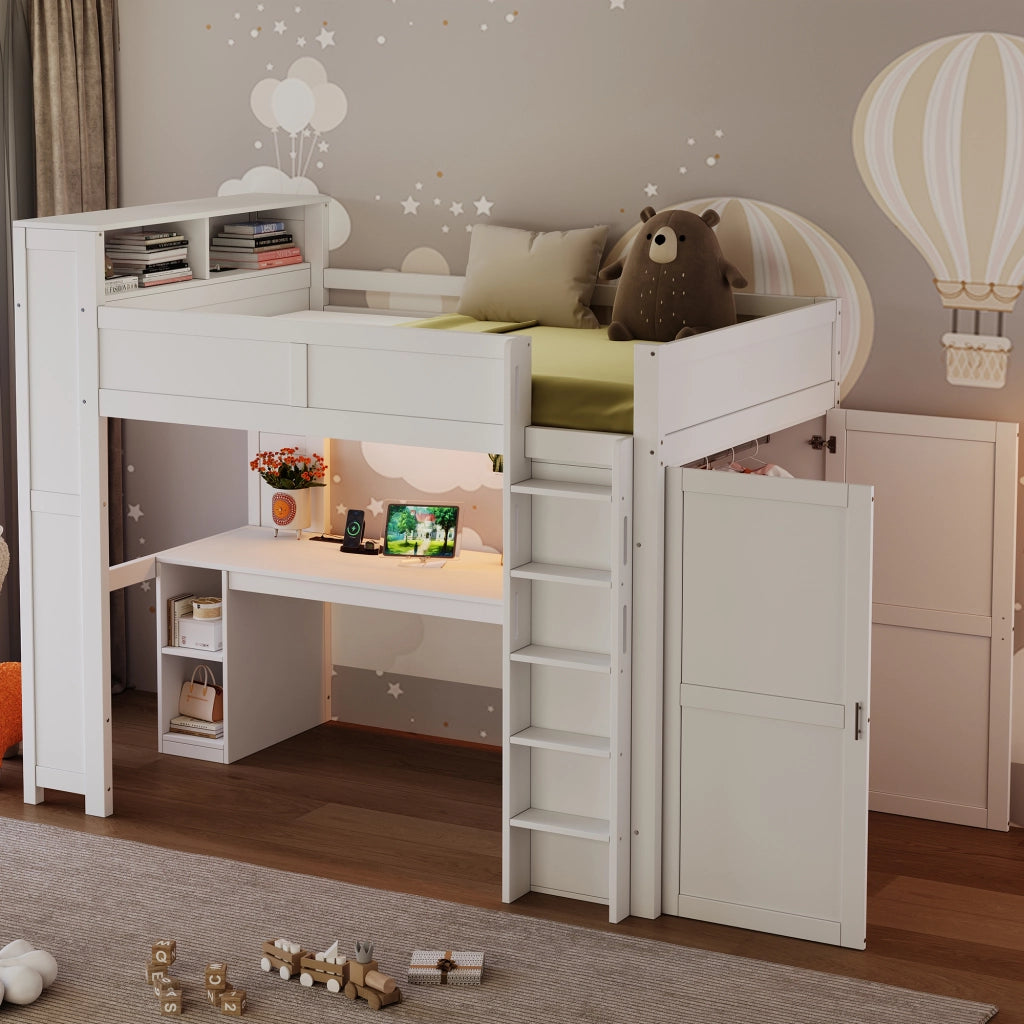 Letto a soppalco 90x200 con scrivania; armadio e illuminazione LED; bianco