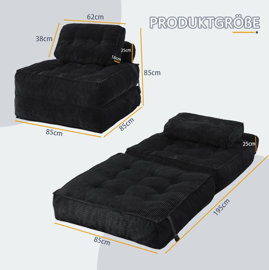 Poltrona pieghevole 2 in 1 trasformabile in letto singolo; in schiuma nera; 52 x 50 x 30 cm