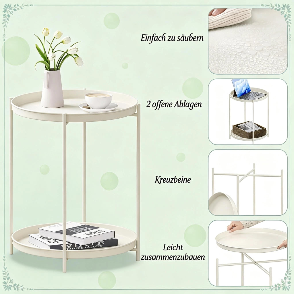 Tavolino laterale rotondo con 2 vassoi rimovibili in metallo bianco crema con piedini regolabili 44 × 44 × 53 cm