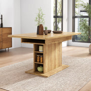 Tavolo da pranzo allungabile in pannelli truciolari e metallo, 110/130x70x75 cm, con spazio contenitivo, design rettangolare moderno color naturale