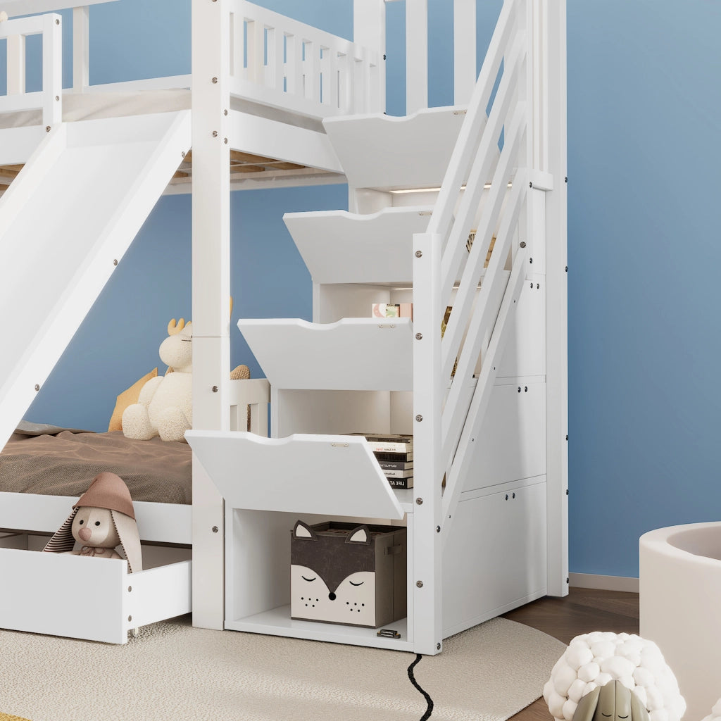 Letto a castello 2 posti 90 × 200 cm con scala contenitore, scivolo e cassetti, senza materasso, bianco