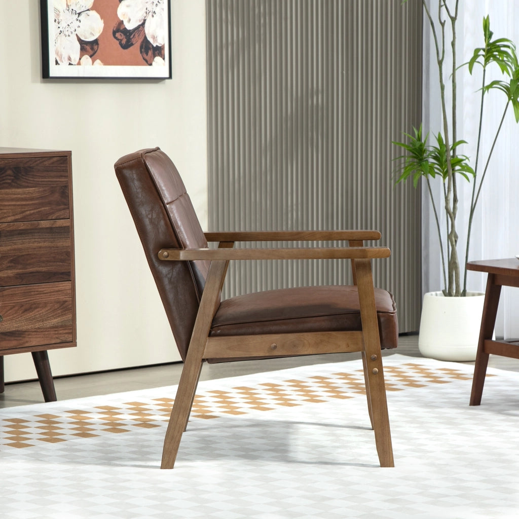 Poltrona da soggiorno ¨C Xylo ¨C similpelle marrone, schienale capitonn¨¦, gambe legno massello 64x73x81cm
