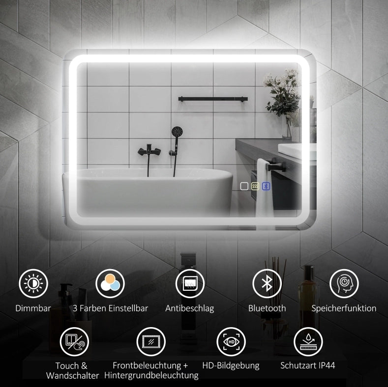 Specchio da bagno LED 50x70 cm con illuminazione regolabile, Bluetooth, touch e antifoschia, colore argento