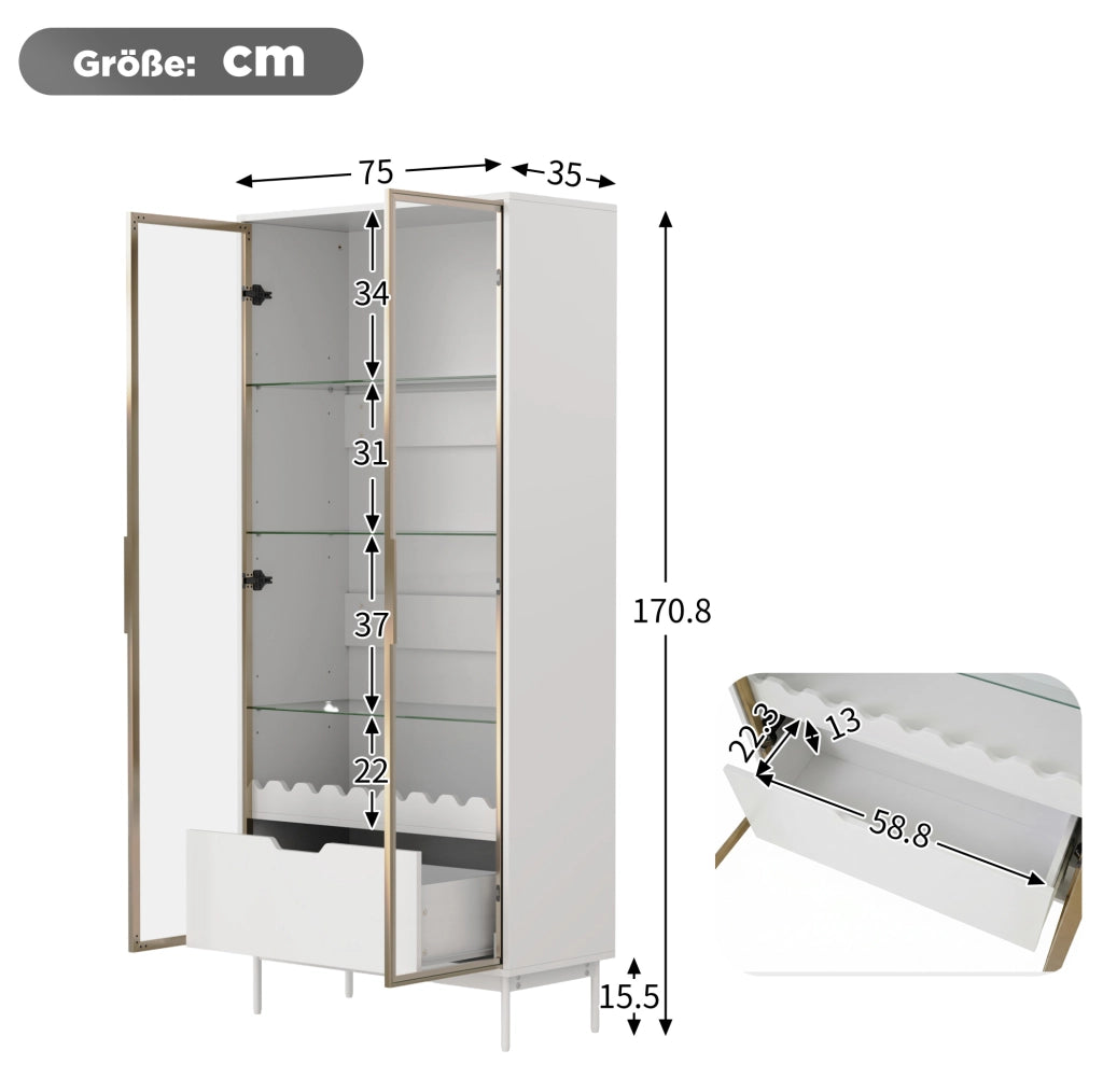 Mobile alto contenitore in MDF bianco e oro con ripiani regolabili e cassetto