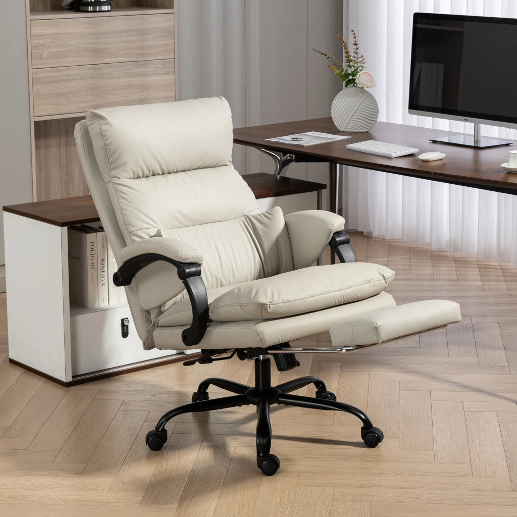 Sedia da ufficio massaggiante e riscaldata in pelle PU grigio chiaro, reclinabile a 135° con poggiapiedi ergonomica per casa e studio
