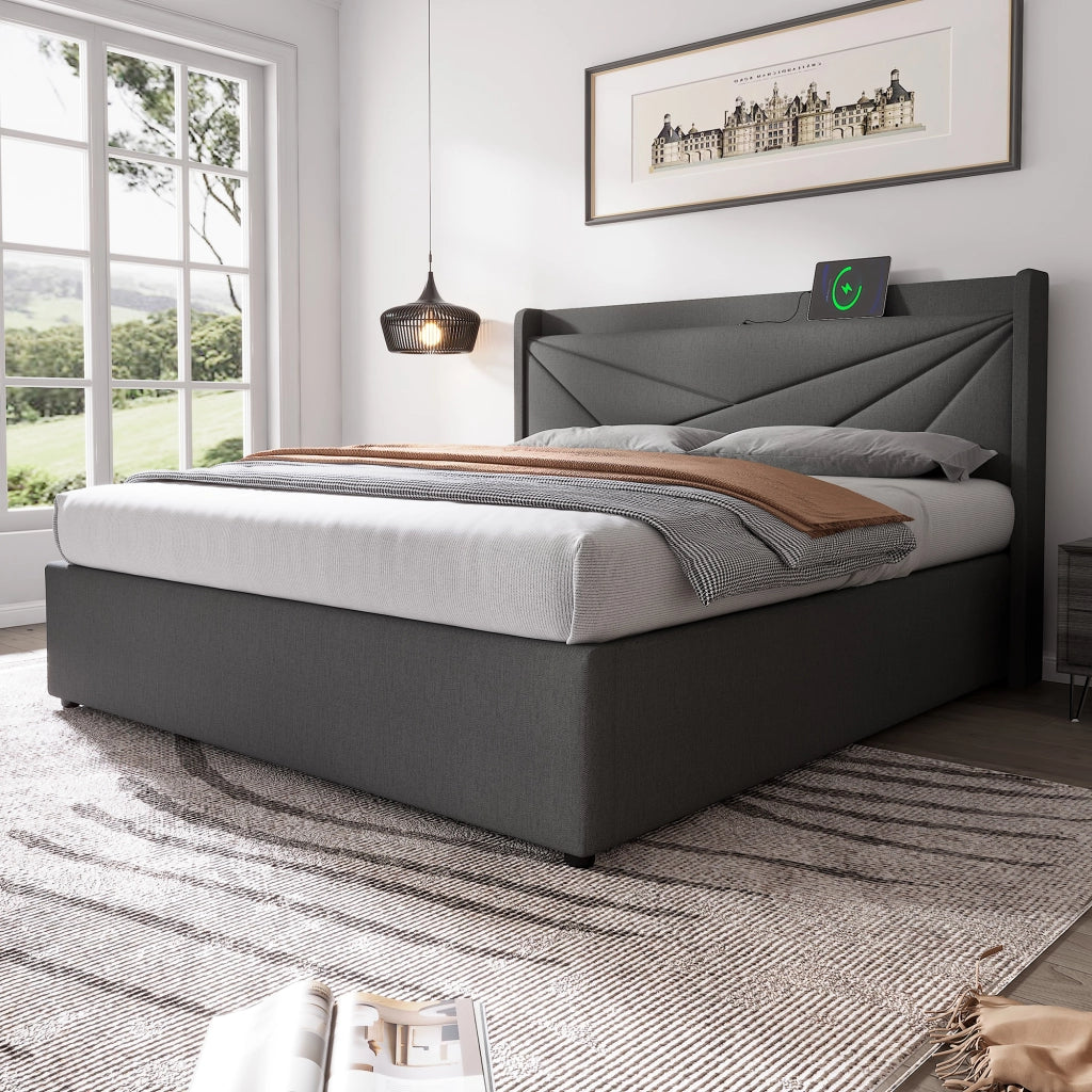 letto imbottito cotone lino grigio 180x200 cm