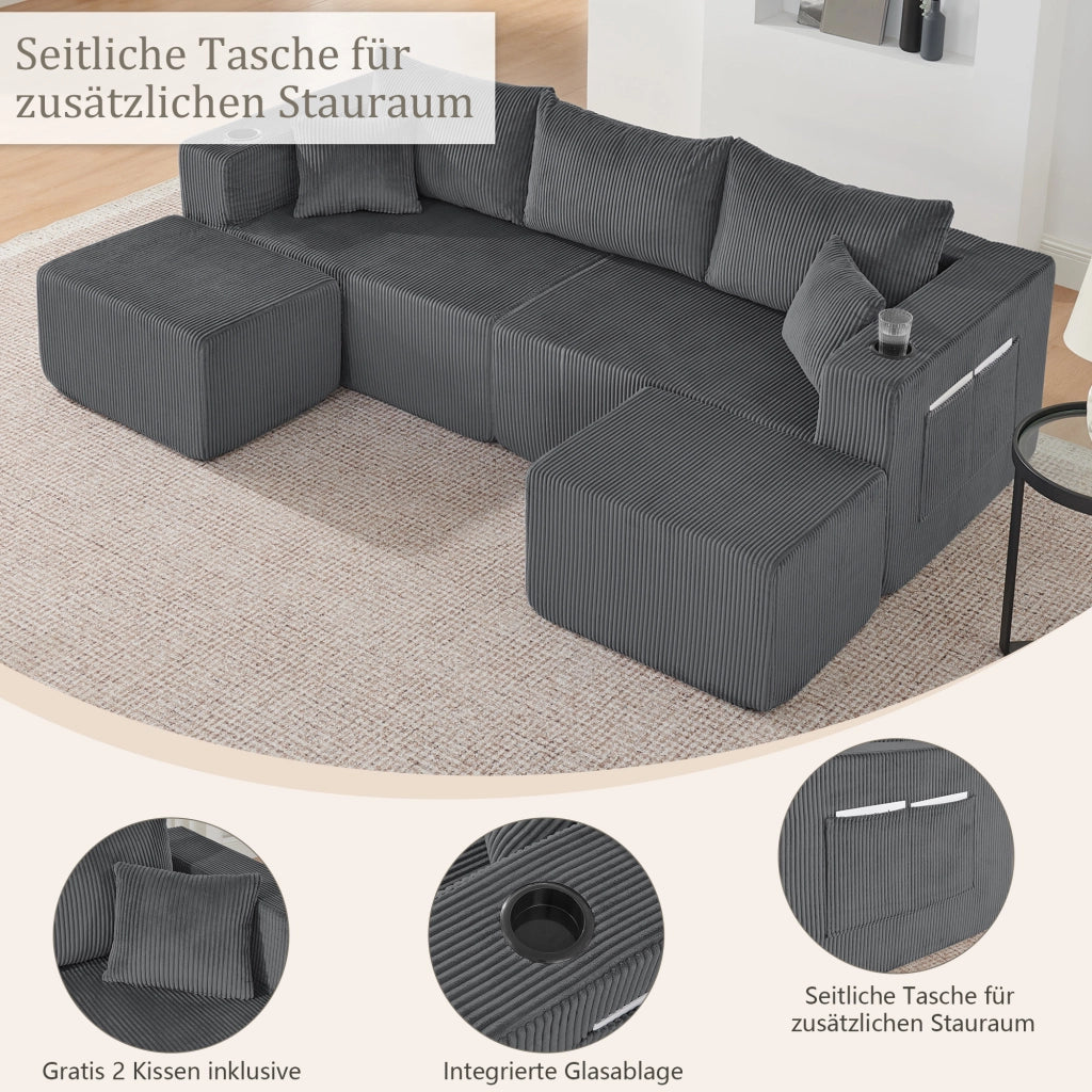 Divano angolare modulare 230x138x75 cm; 3 L - seater con pouf mobile; velluto a coste; portabicchieri; tasca laterale e cuscini; grigio