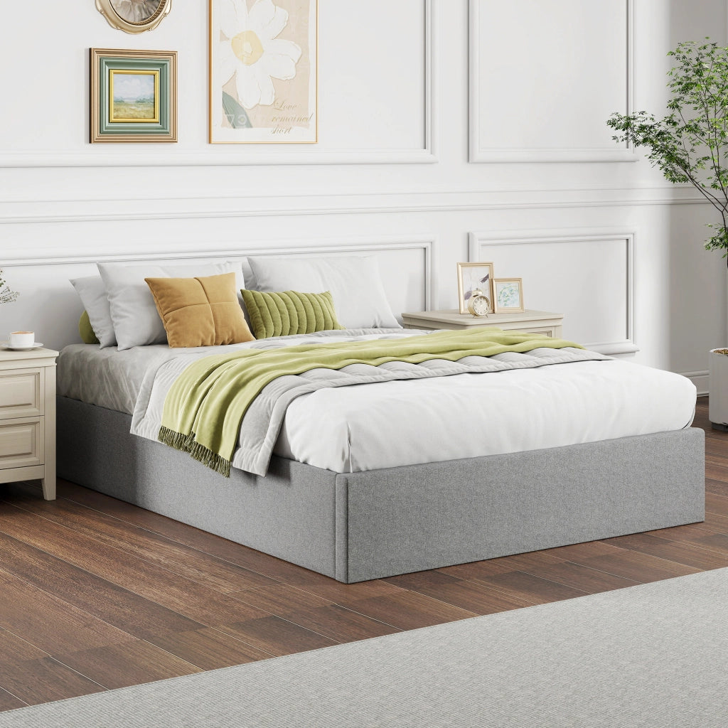 Letto Contenitore Matrimoniale 190x140 cm Doghe in Legno Pistone a Gas e Rivestimento in Tessuto Grigio