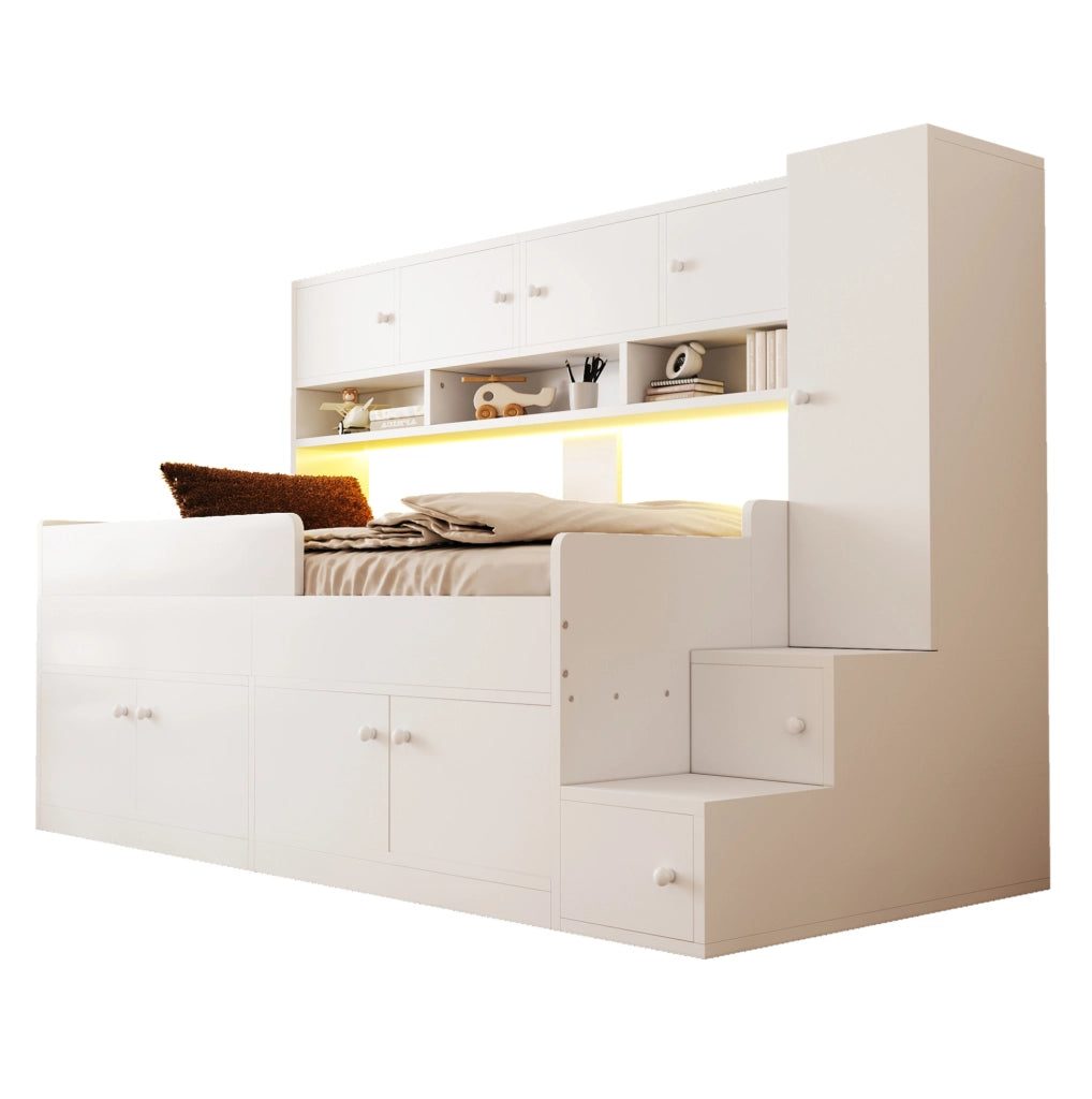 Letto per bambini 90x200 cm in legno; con contenitori; scaffali e LED; bianco