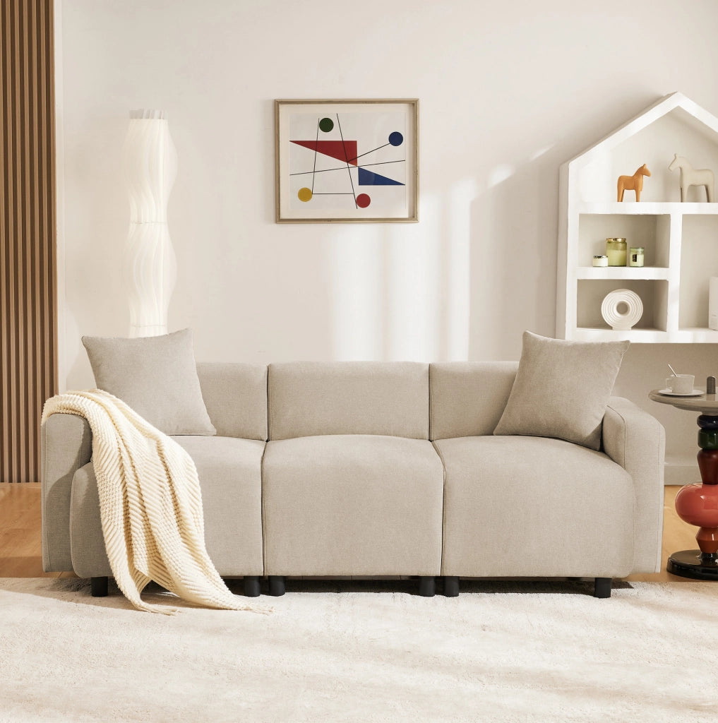 Divano 3 posti in tessuto Chenille con cuscini decorativi, design moderno, 211x67x71 cm