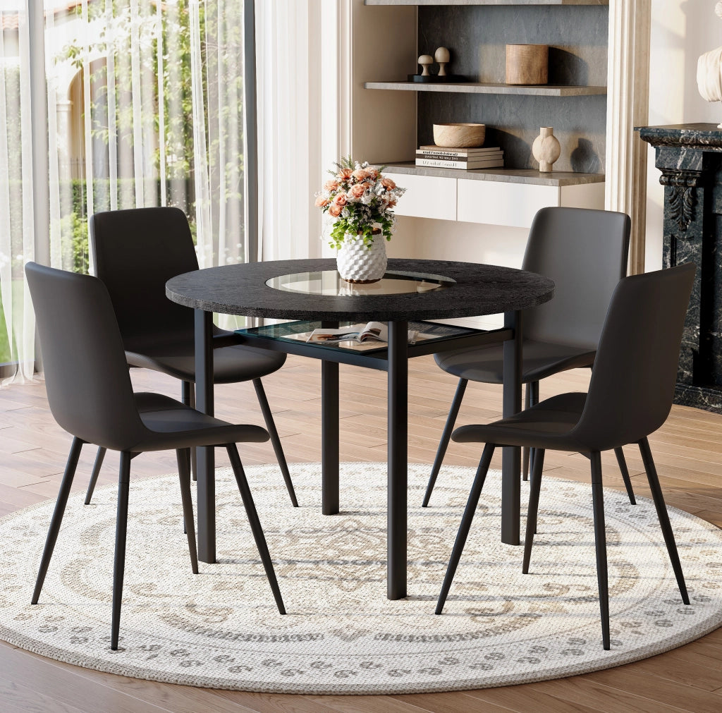 Set tavolo rotondo Ø100 cm con inserto in vetro e 4 sedie in PU nero; marrone e nero