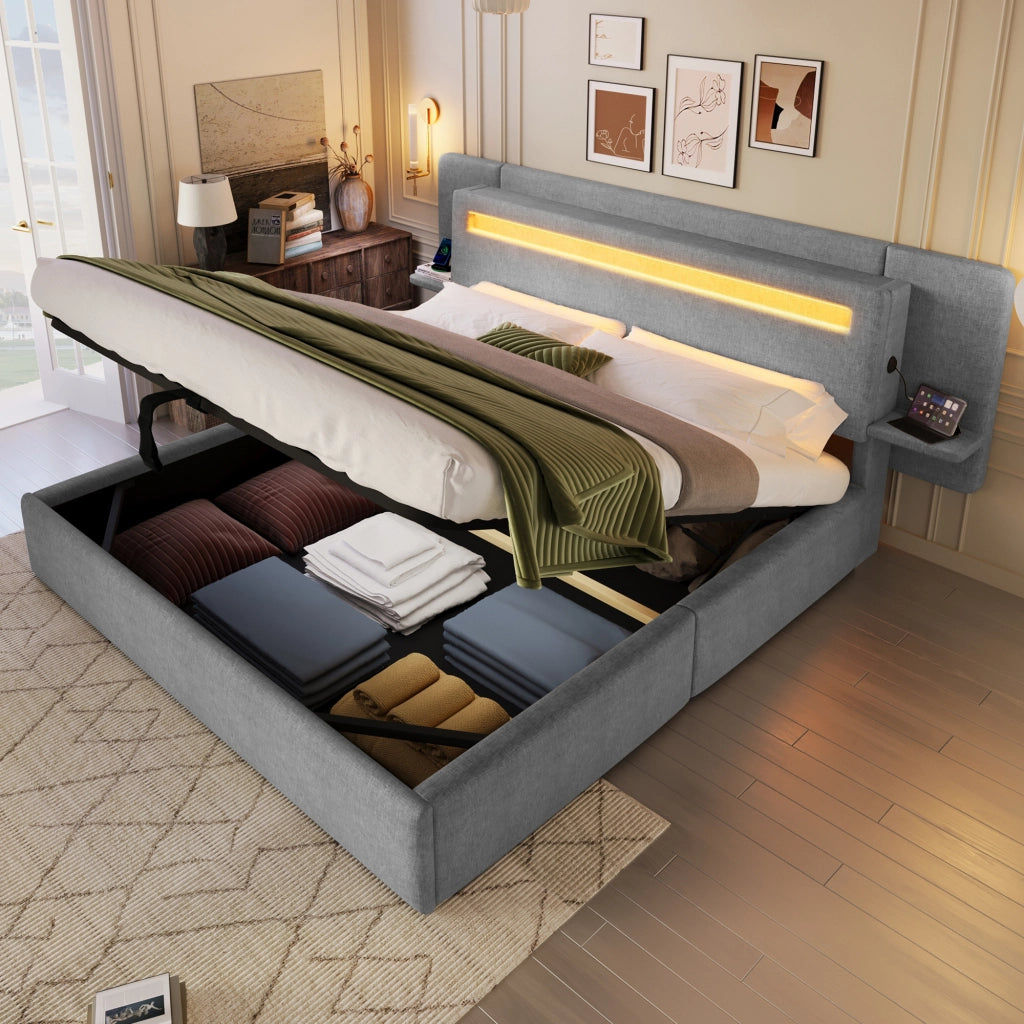 Letto imbottito 180 × 200 cm con contenitore idraulico in lino grigio LED multicolore comodino e USB