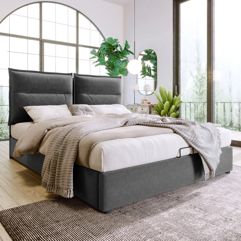 Letto imbottito contenitore matrimoniale ¨C Minimal ¨C Grigio velluto 140x200 cm con rete a doghe in metallo