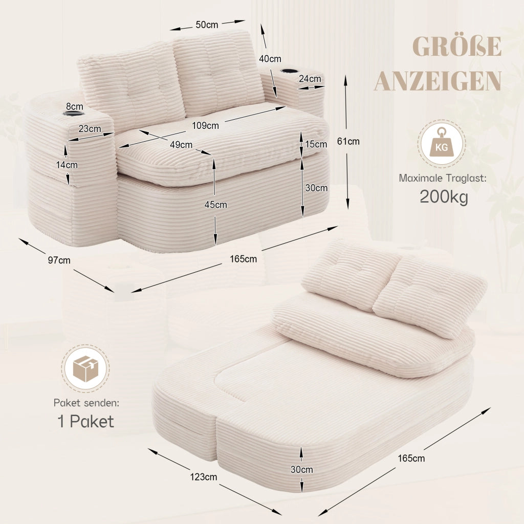Poltrona letto 2 in 1 in velluto a coste beige; schienale alto; seduta extra profonda e portabevande