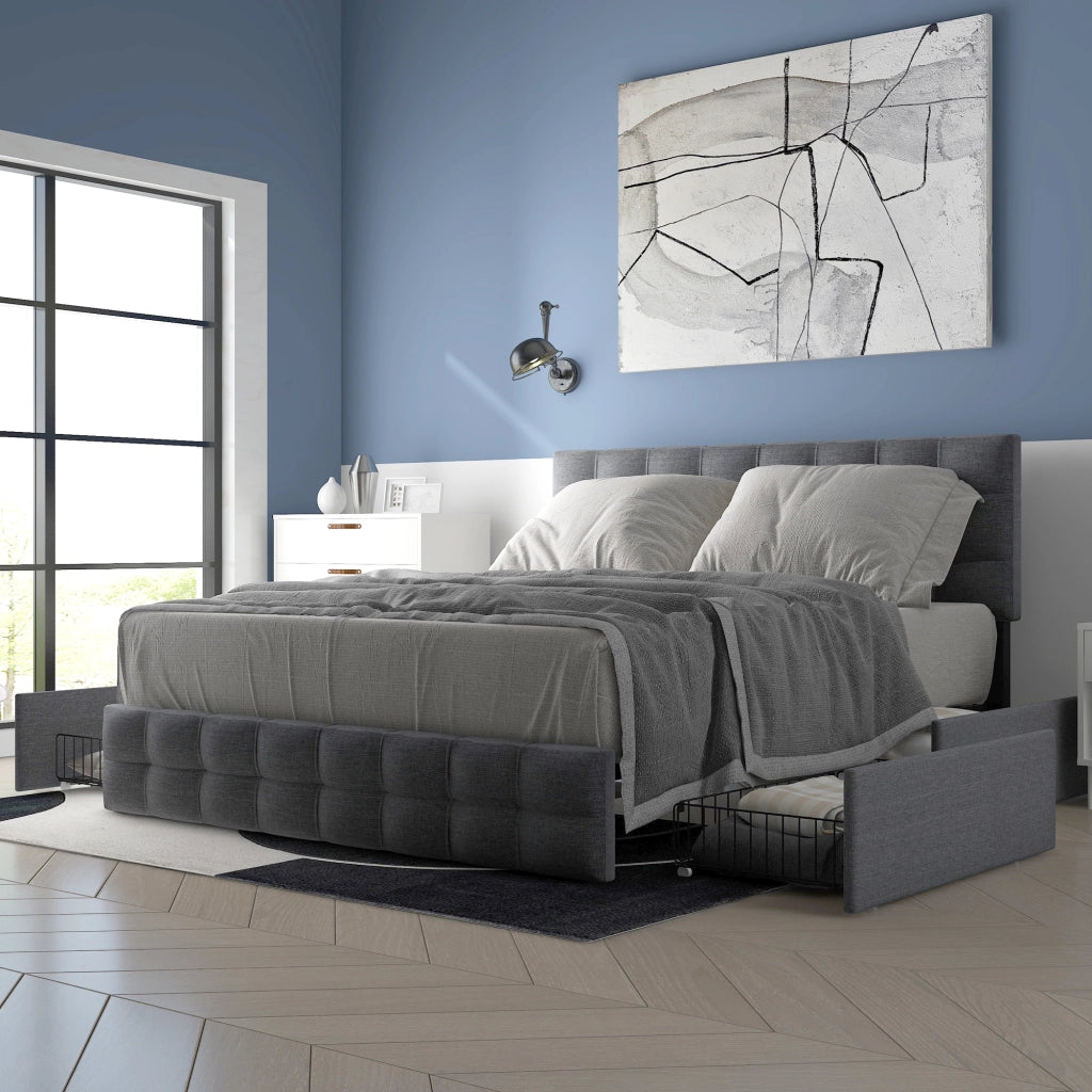 Letto matrimoniale imbottito 140 ¡Á 200 cm con 4 cassetti in lino grigio con materasso e testiera regolabile