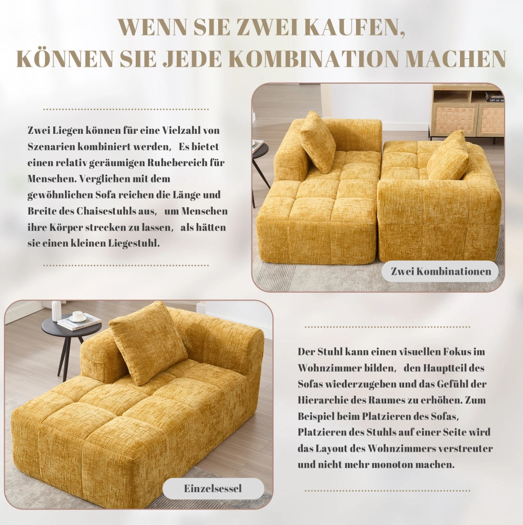 Divano chaise longue in ciniglia giallo con tasche laterali e cuscino